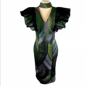 Green Patterned V-Neck Midi Dress with Statement Flutter Sleeves